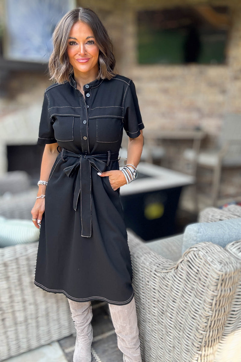 Black Short Sleeve Knit Button Down Midi Dress