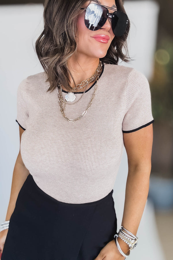 Beige And Black Round Neck Short Sleeve Sweater Rib Bodysuit
