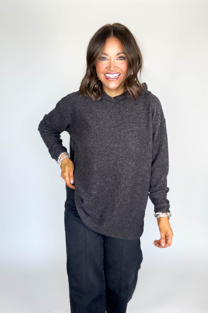Hooded Black Brushed Melange Hacci Sweater