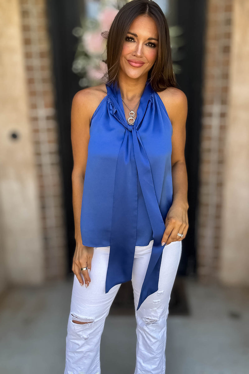 Royal Luxe Satin Tie Neck Halter Top With Bow Detail