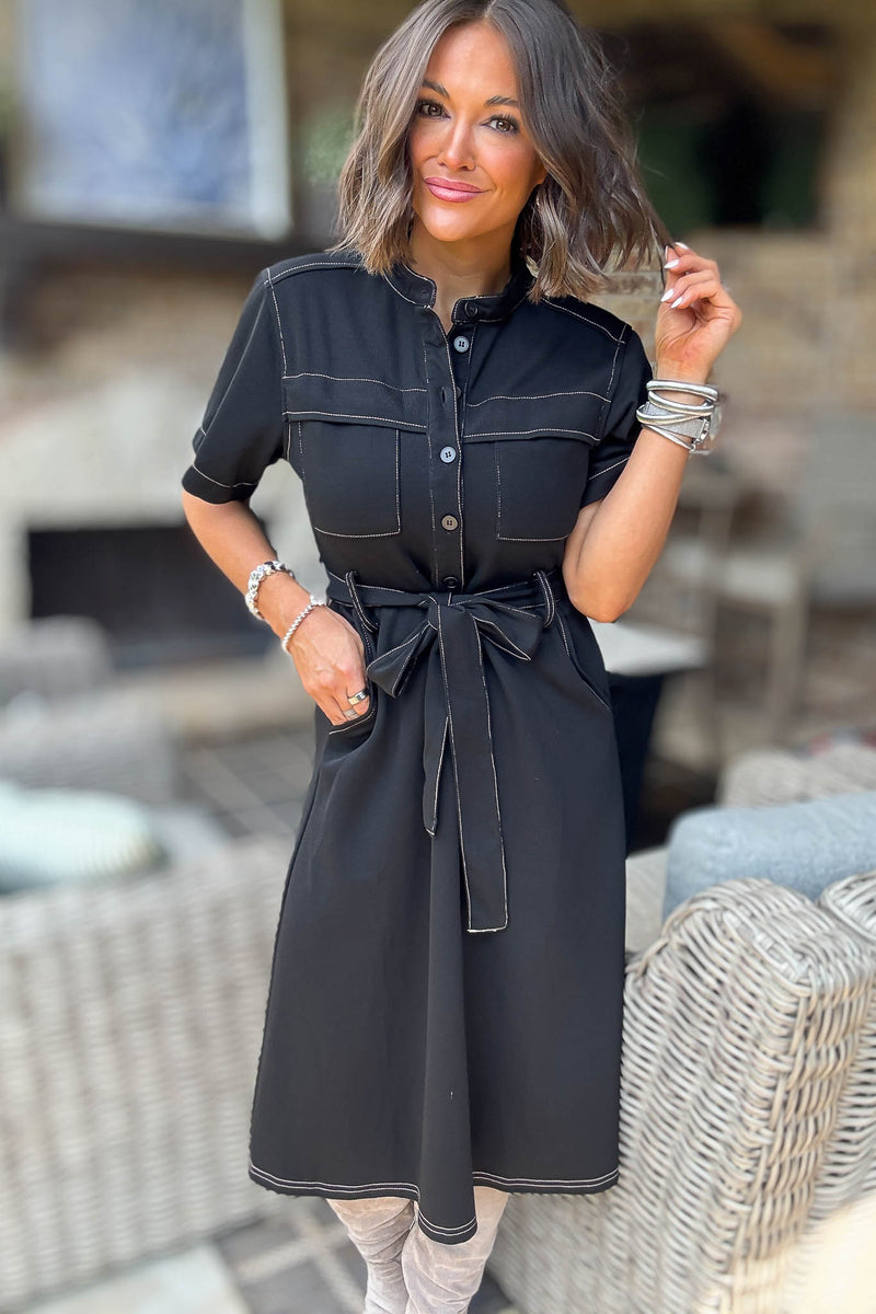 Black Short Sleeve Knit Button Down Midi Dress