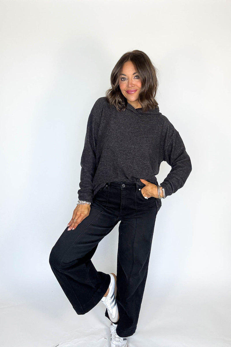 Hooded Black Brushed Melange Hacci Sweater