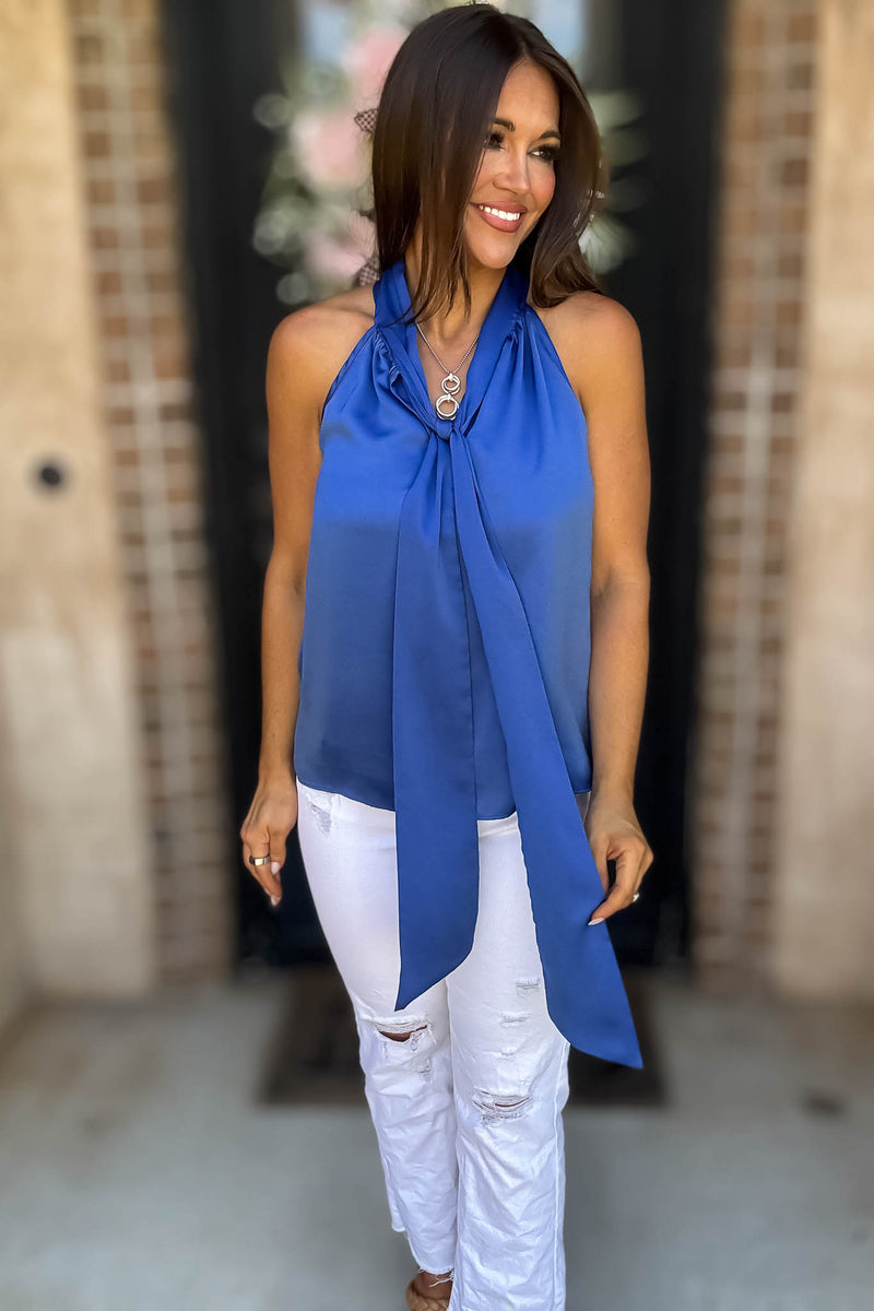 Royal Luxe Satin Tie Neck Halter Top With Bow Detail