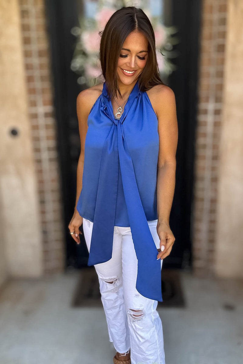 Royal Luxe Satin Tie Neck Halter Top With Bow Detail