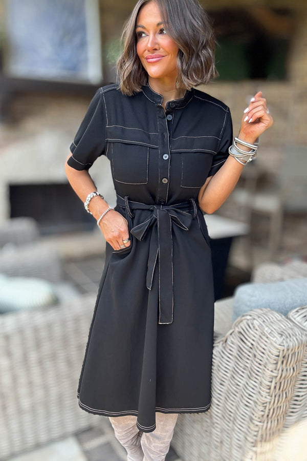 Black Short Sleeve Knit Button Down Midi Dress