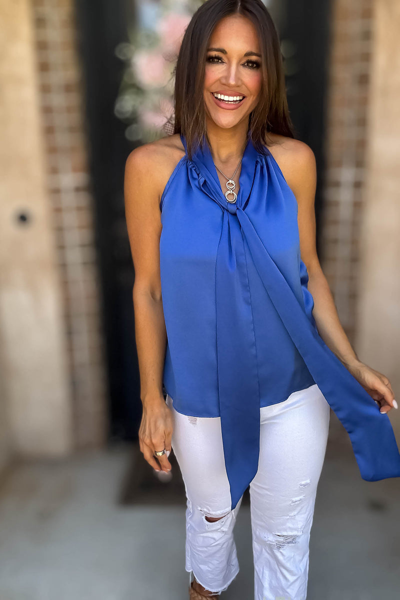 Royal Luxe Satin Tie Neck Halter Top With Bow Detail