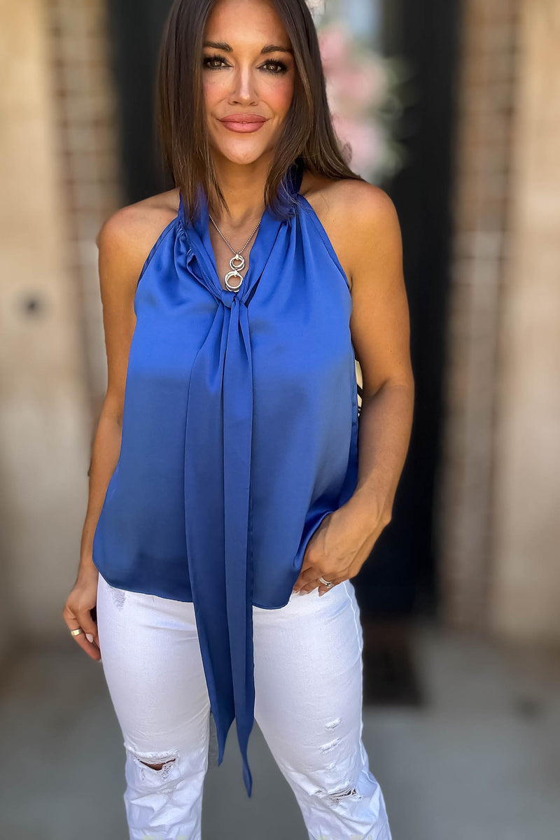 Royal Luxe Satin Tie Neck Halter Top With Bow Detail