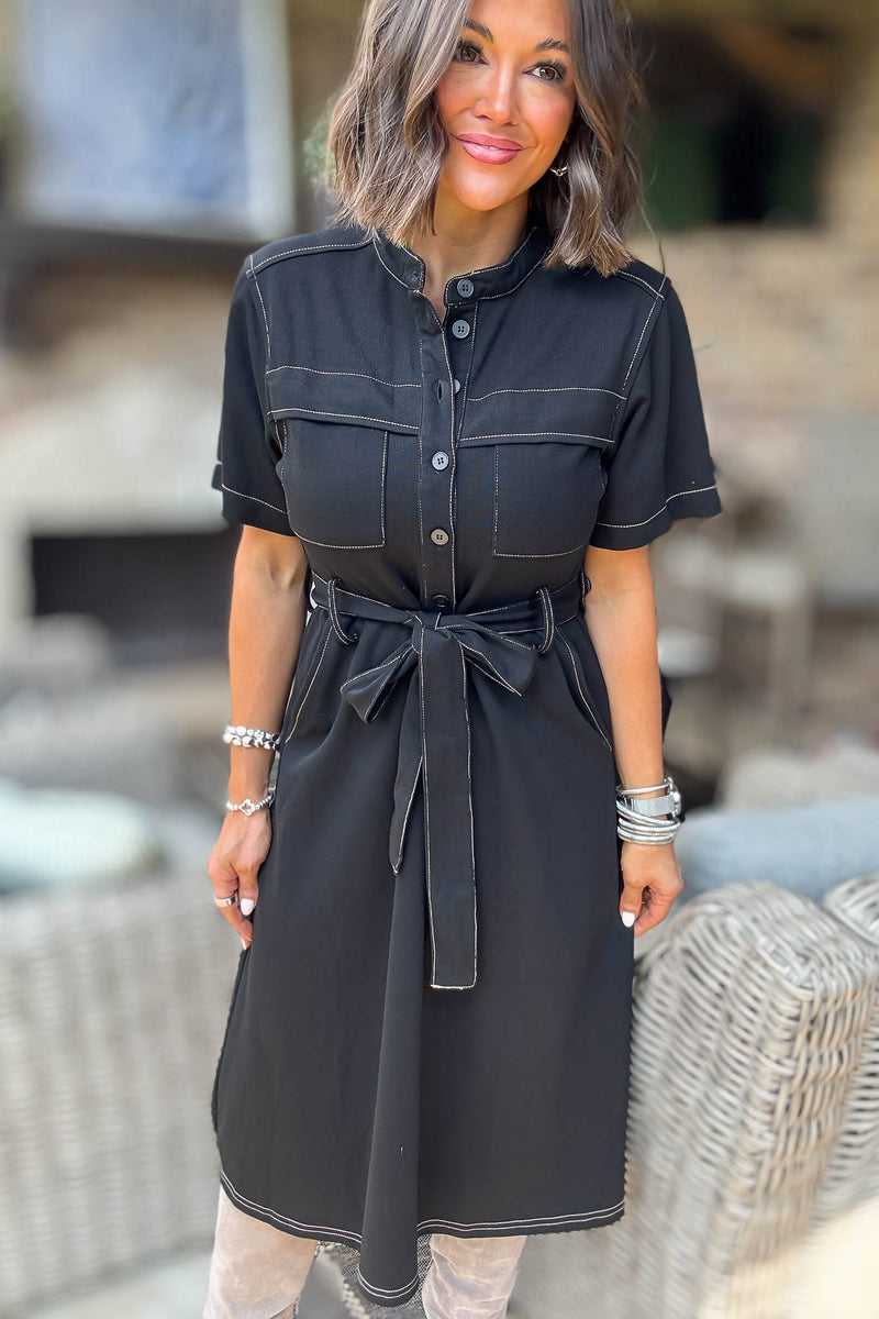 Black Short Sleeve Knit Button Down Midi Dress