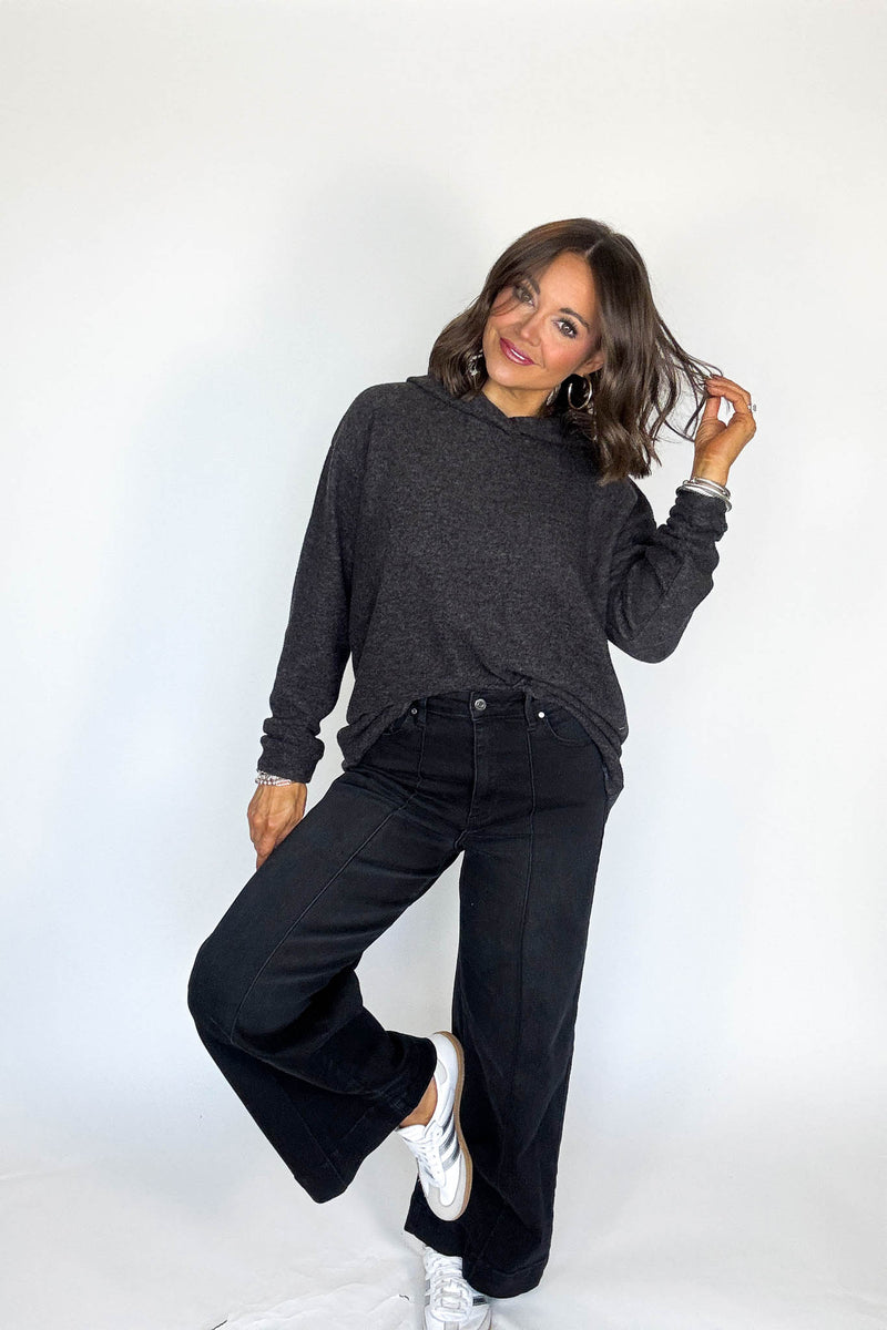 Hooded Black Brushed Melange Hacci Sweater