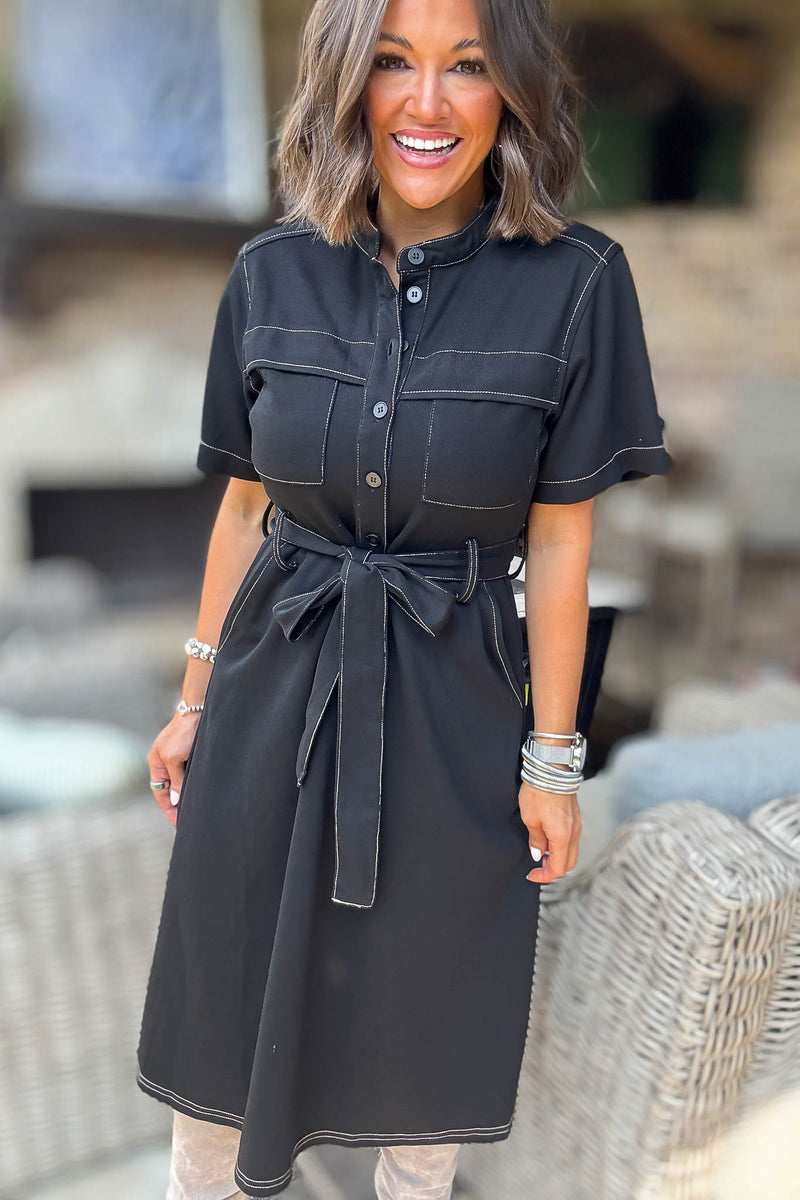 Black Short Sleeve Knit Button Down Midi Dress