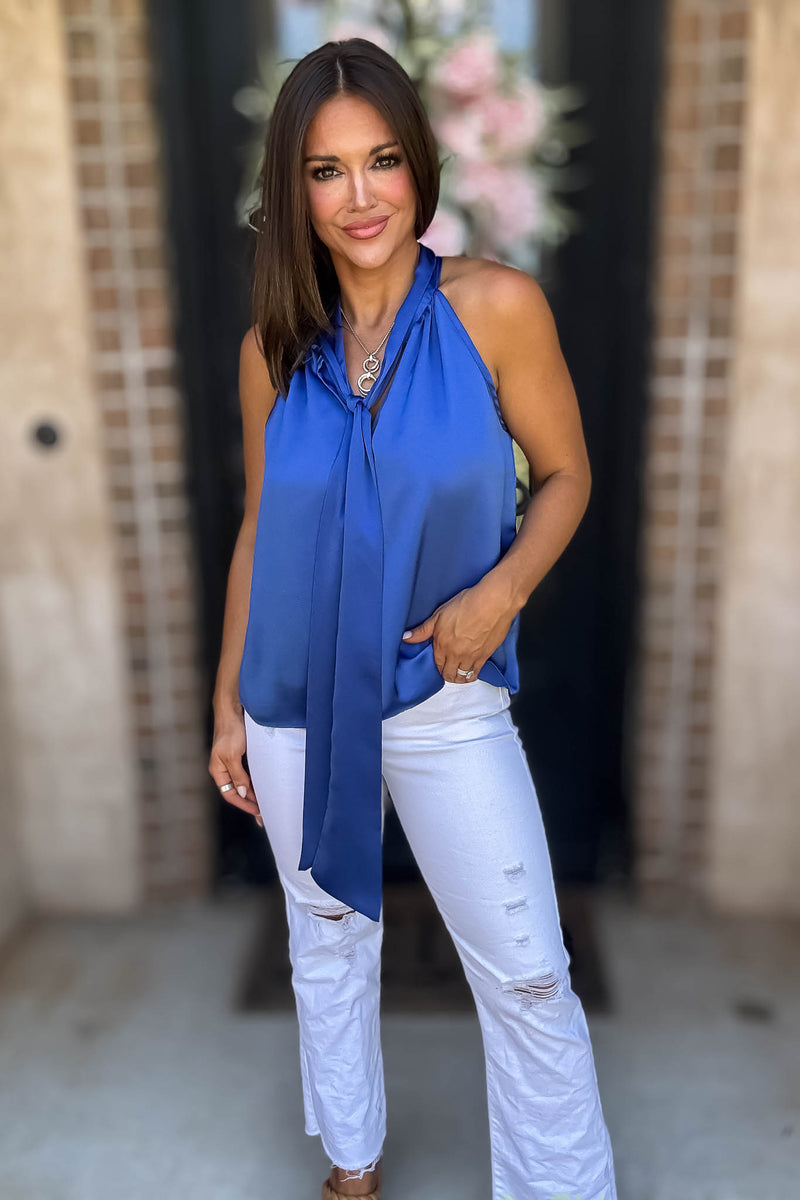 Royal Luxe Satin Tie Neck Halter Top With Bow Detail