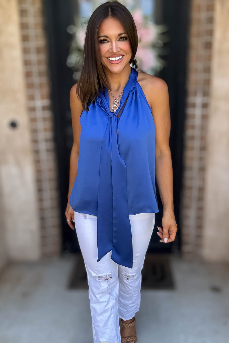 Royal Luxe Satin Tie Neck Halter Top With Bow Detail