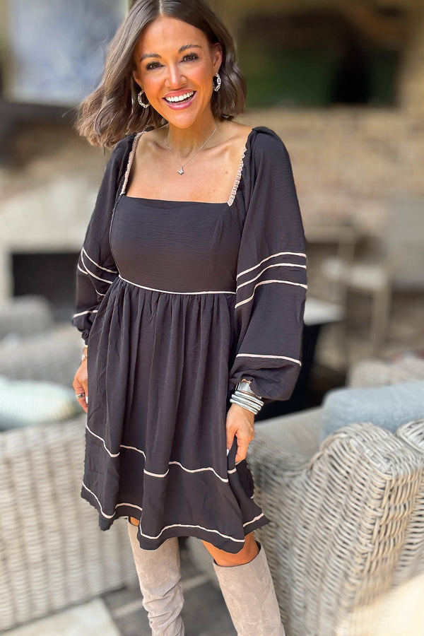 Black Long Sleeve Relaxed Shoulder Woven Dress With Contrast Dress