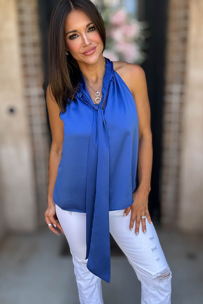 Royal Luxe Satin Tie Neck Halter Top With Bow Detail