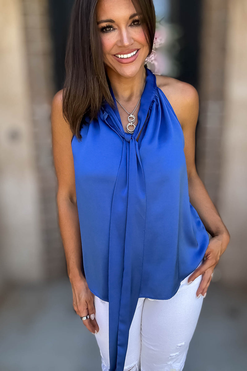Royal Luxe Satin Tie Neck Halter Top With Bow Detail