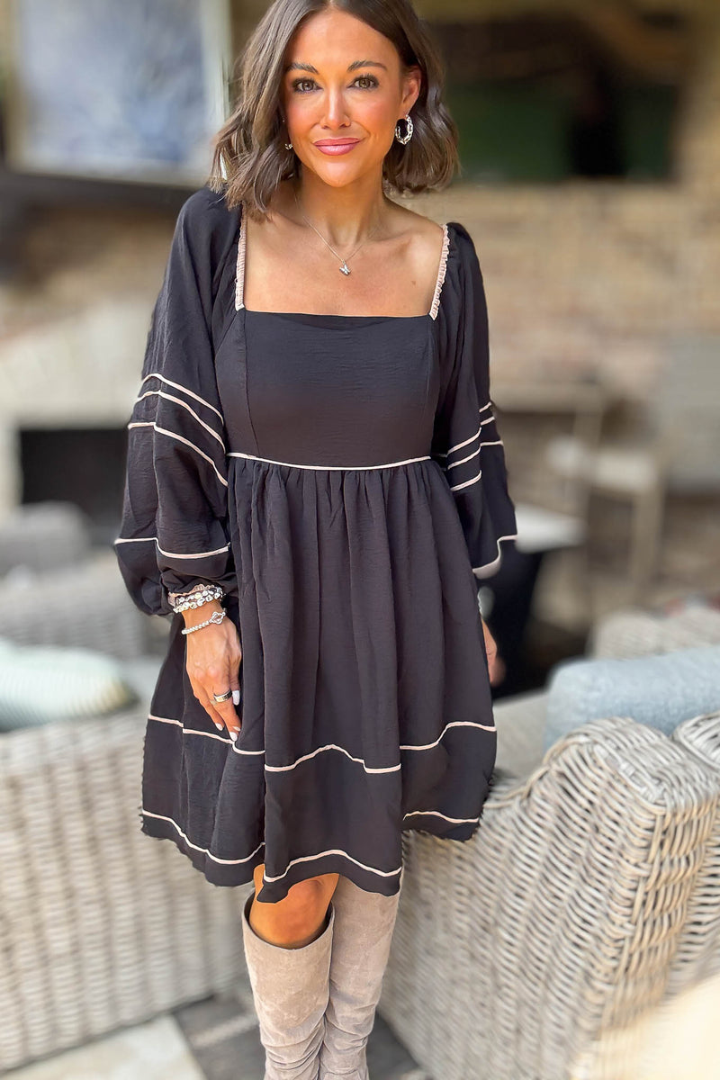Black Long Sleeve Relaxed Shoulder Woven Dress With Contrast Dress