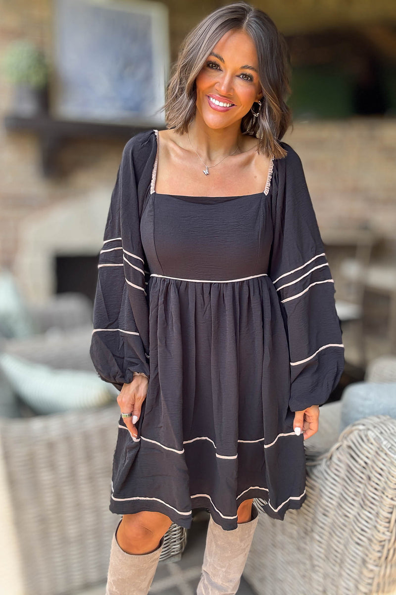 Black Long Sleeve Relaxed Shoulder Woven Dress With Contrast Dress