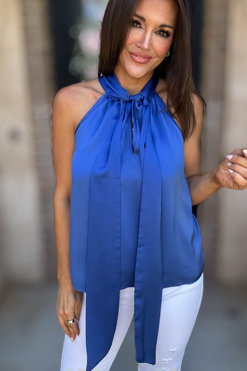 Royal Luxe Satin Tie Neck Halter Top With Bow Detail