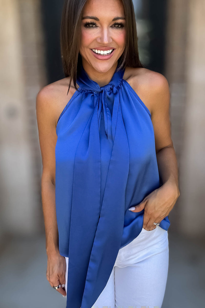 Royal Luxe Satin Tie Neck Halter Top With Bow Detail