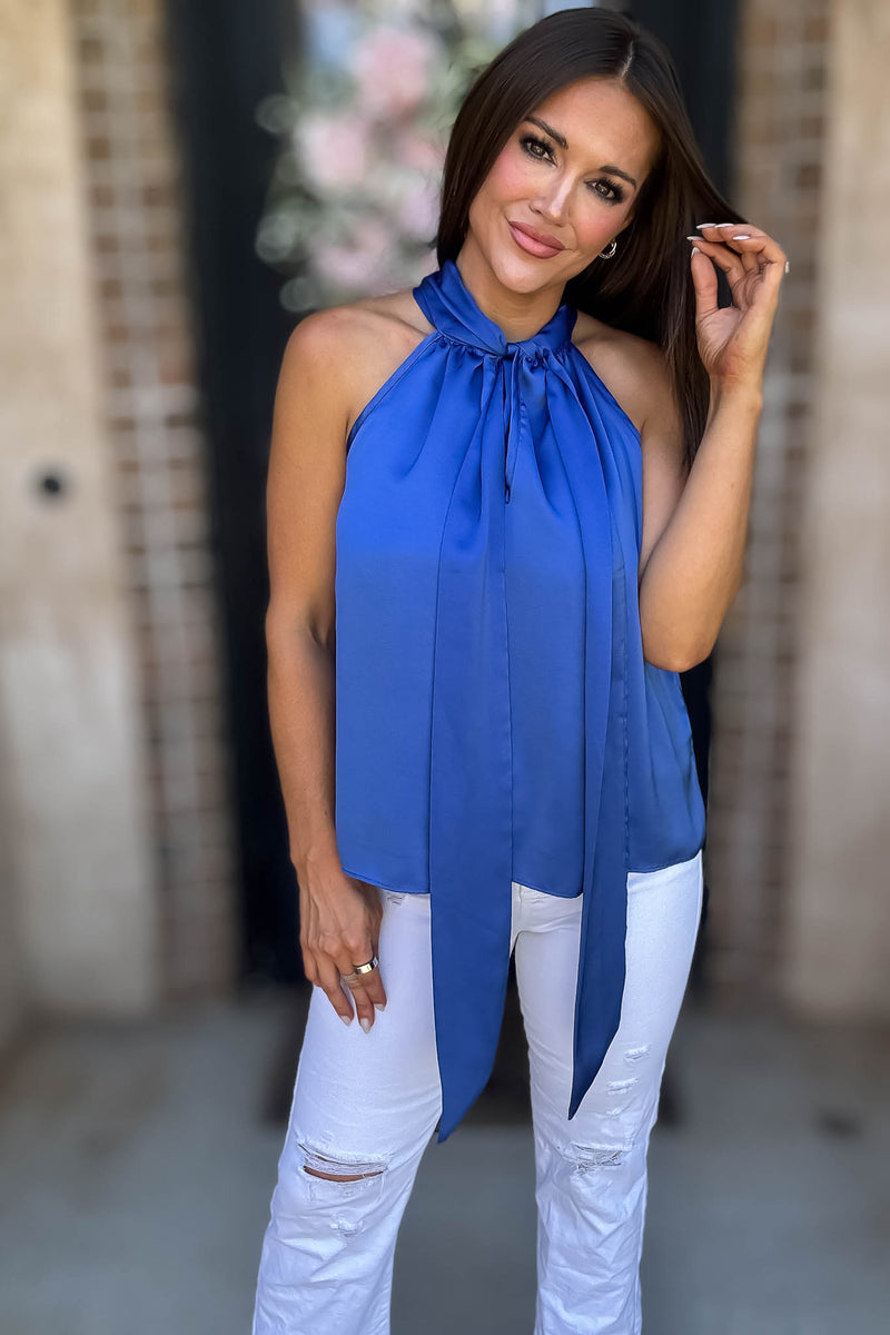 Royal Luxe Satin Tie Neck Halter Top With Bow Detail