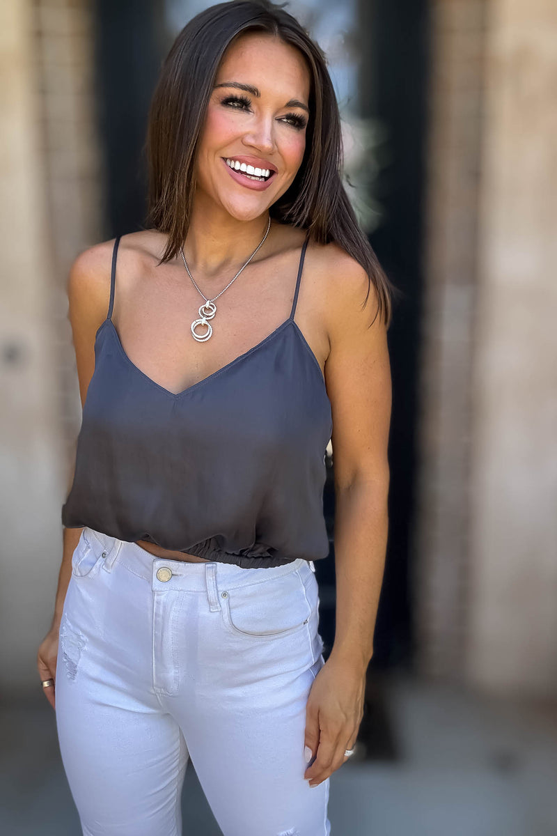 Solid Soft Charcoal Elastic Band Crop Silky Cami Bubble Top