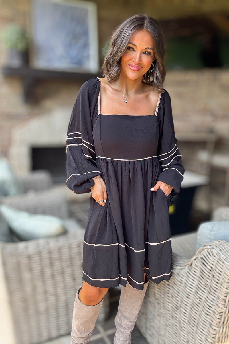 Black Long Sleeve Relaxed Shoulder Woven Dress With Contrast Dress