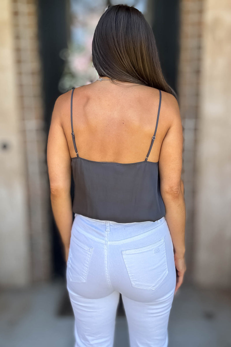 Solid Soft Charcoal Elastic Band Crop Silky Cami Bubble Top