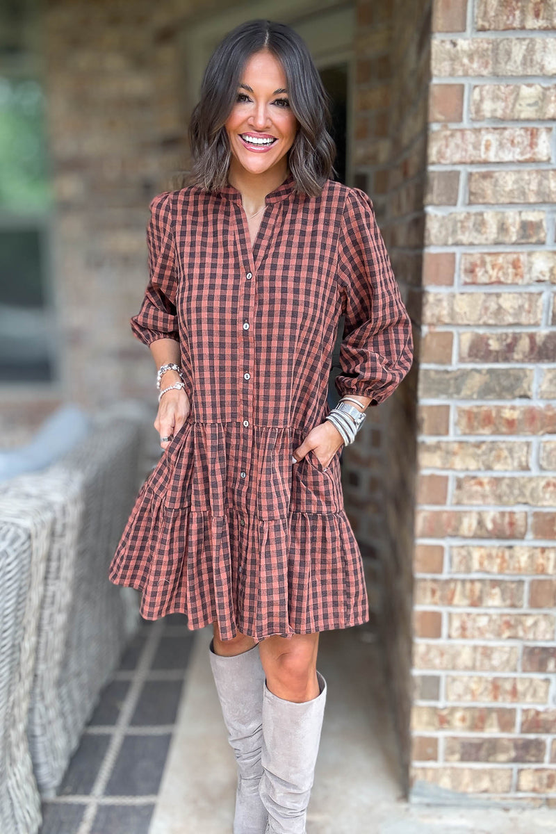 Brown 3/4 Sleeve Plaid Print Woven Tiered Dress