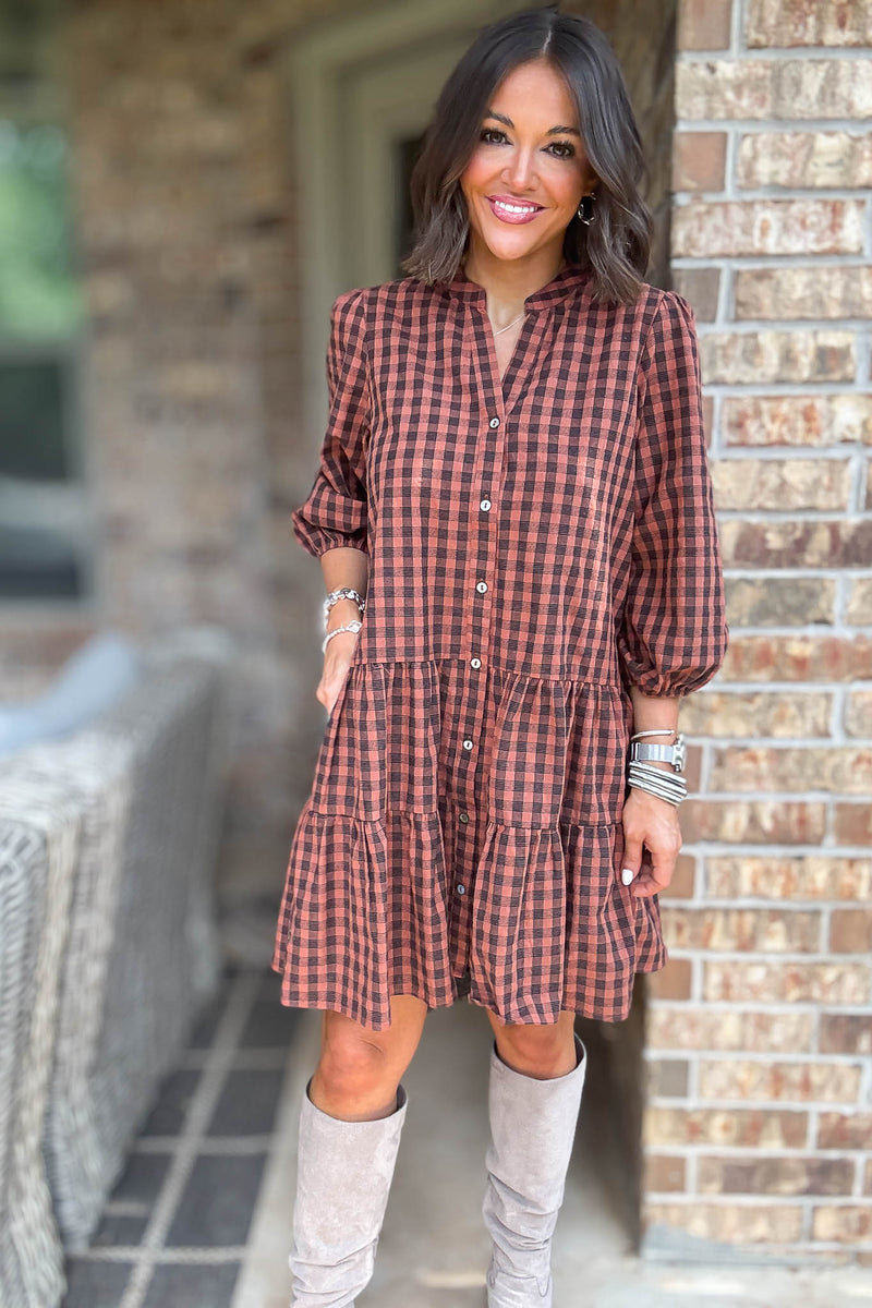 Brown 3/4 Sleeve Plaid Print Woven Tiered Dress