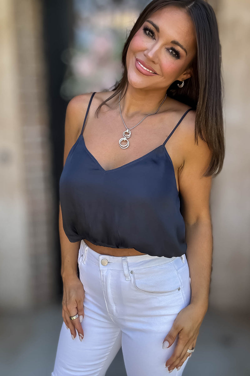 Solid Soft Navy Elastic Band Crop Silky Cami Bubble Top