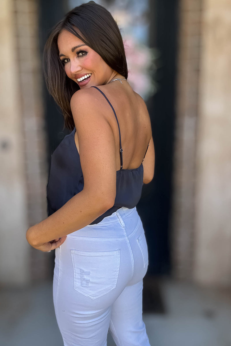 Solid Soft Navy Elastic Band Crop Silky Cami Bubble Top
