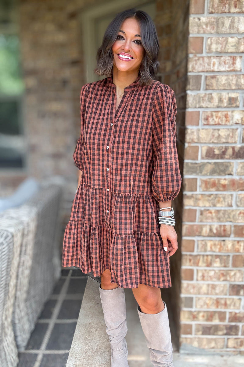 Brown 3/4 Sleeve Plaid Print Woven Tiered Dress