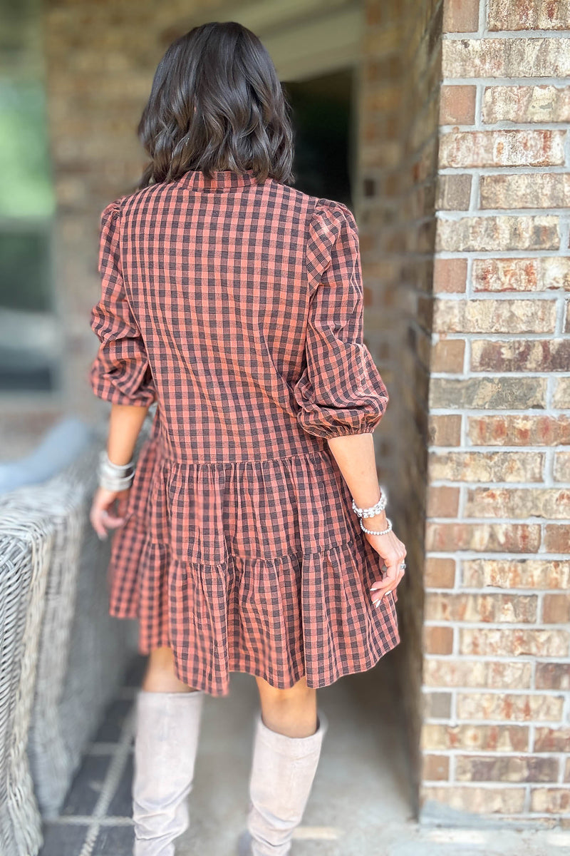 Brown 3/4 Sleeve Plaid Print Woven Tiered Dress