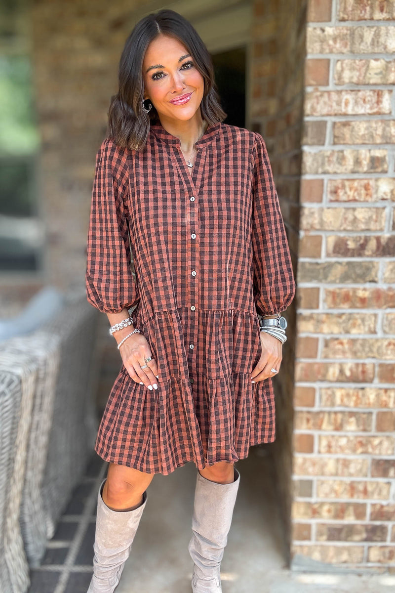 Brown 3/4 Sleeve Plaid Print Woven Tiered Dress