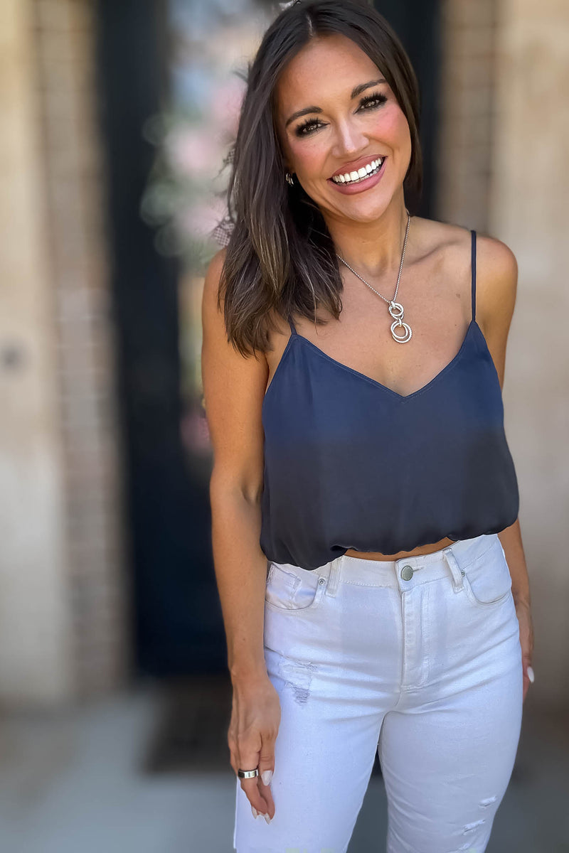 Solid Soft Navy Elastic Band Crop Silky Cami Bubble Top
