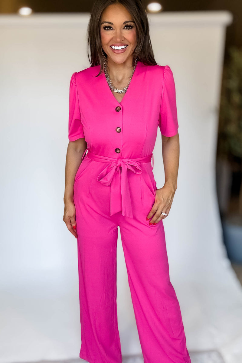 Pink Solid Button Up V Neck Wide Leg Jumpsuit With Tie