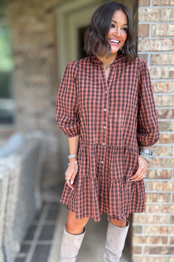 Brown 3/4 Sleeve Plaid Print Woven Tiered Dress