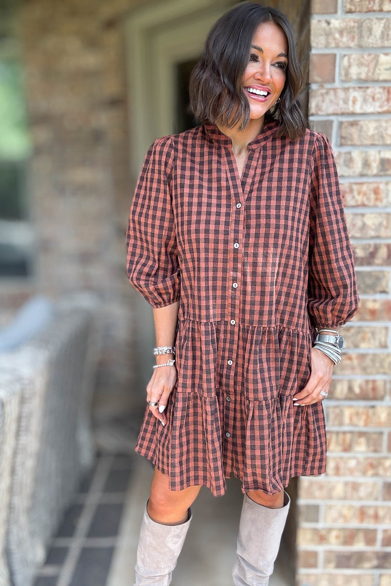 Brown 3/4 Sleeve Plaid Print Woven Tiered Dress