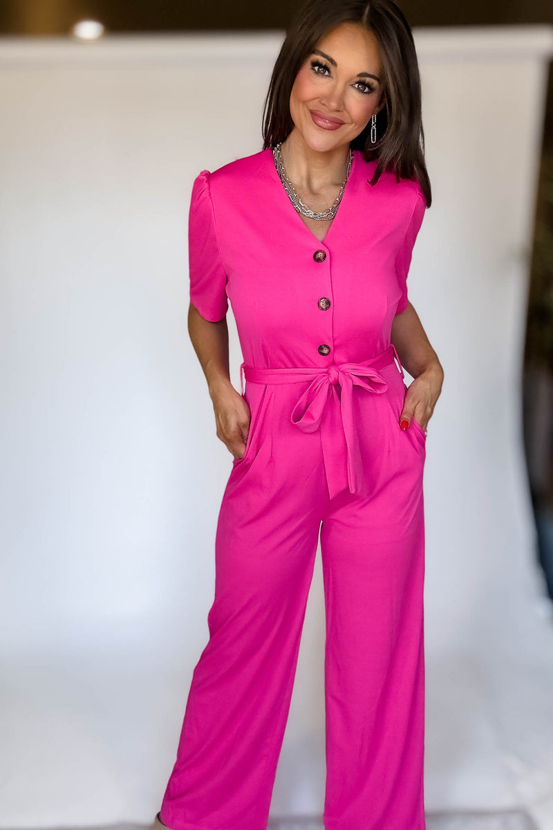 Pink Solid Button Up V Neck Wide Leg Jumpsuit With Tie