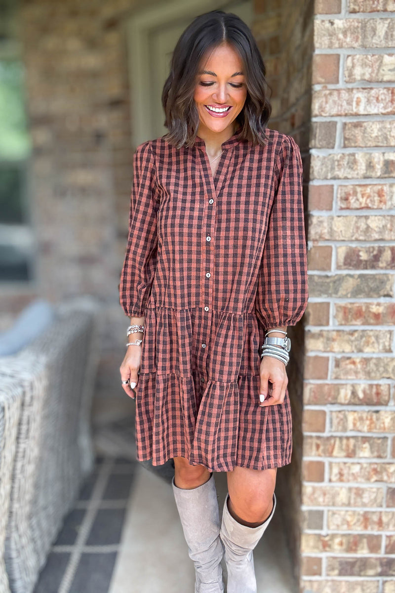Brown 3/4 Sleeve Plaid Print Woven Tiered Dress