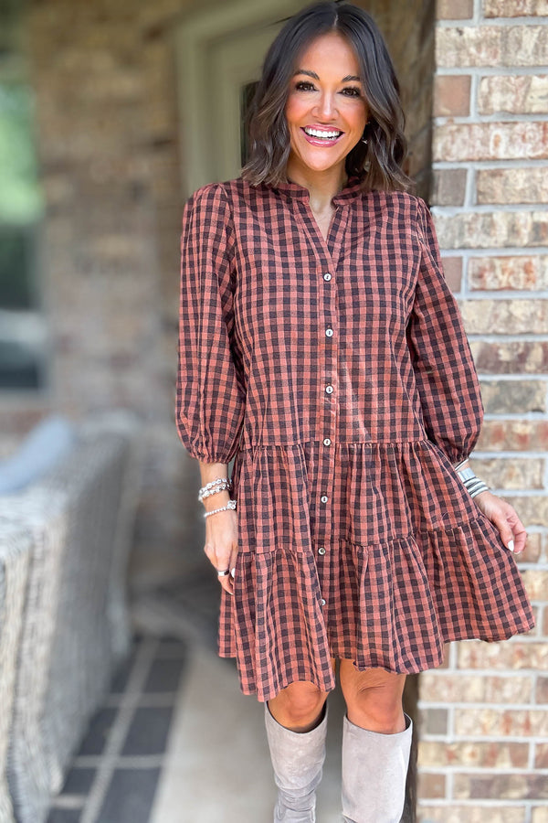 Brown 3/4 Sleeve Plaid Print Woven Tiered Dress