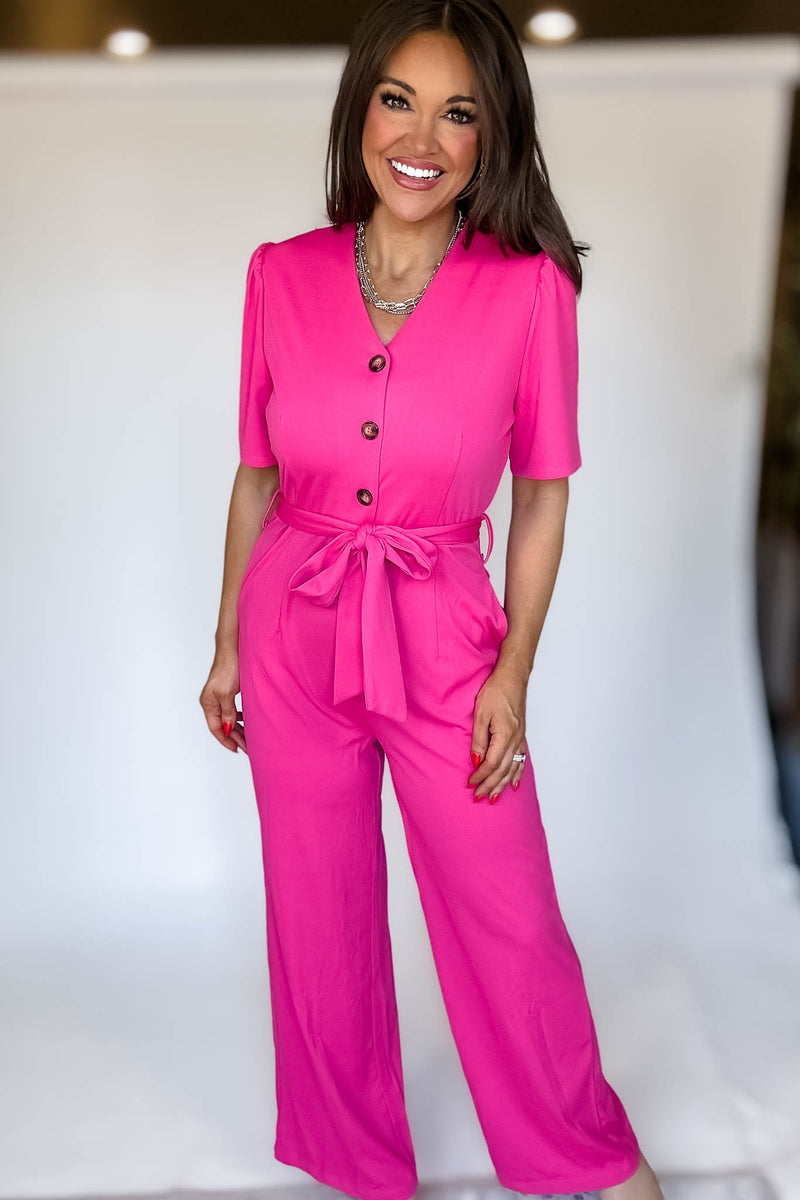 Pink Solid Button Up V Neck Wide Leg Jumpsuit With Tie