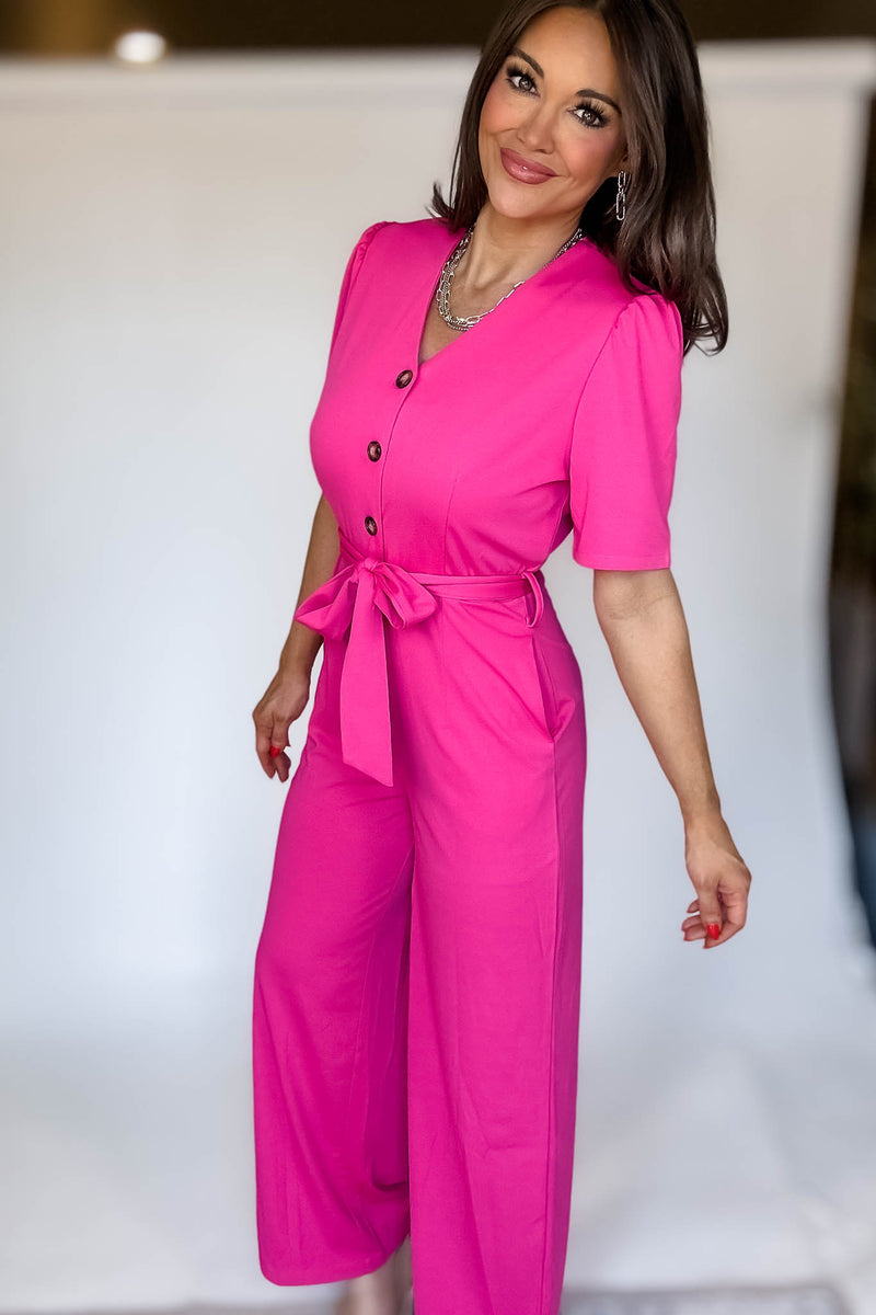 Pink Solid Button Up V Neck Wide Leg Jumpsuit With Tie