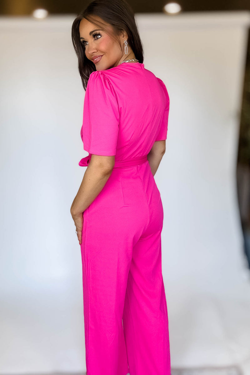 Pink Solid Button Up V Neck Wide Leg Jumpsuit With Tie