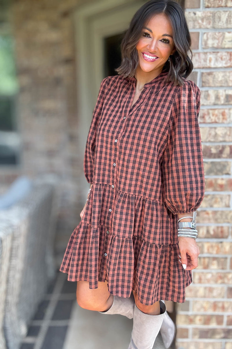 Brown 3/4 Sleeve Plaid Print Woven Tiered Dress