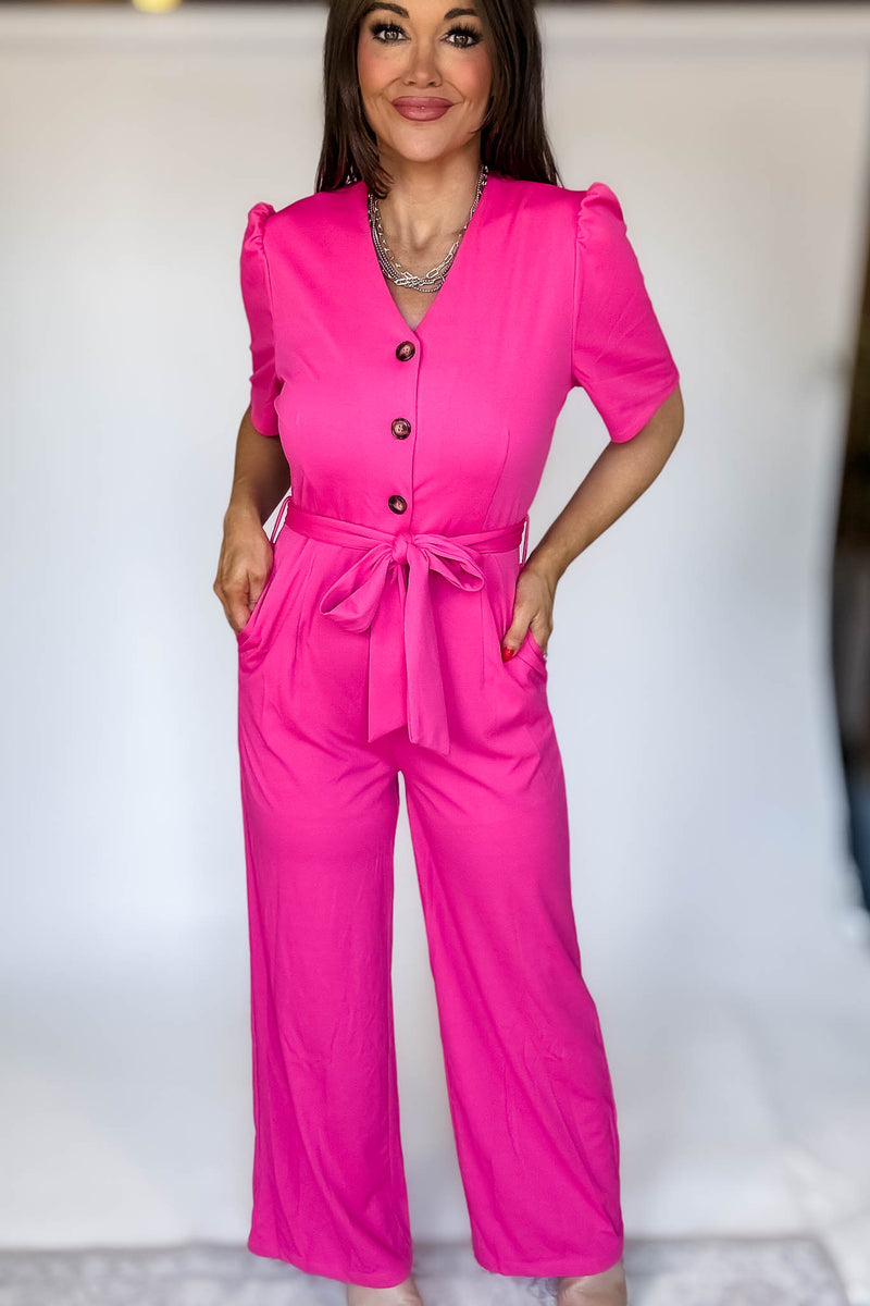 Pink Solid Button Up V Neck Wide Leg Jumpsuit With Tie
