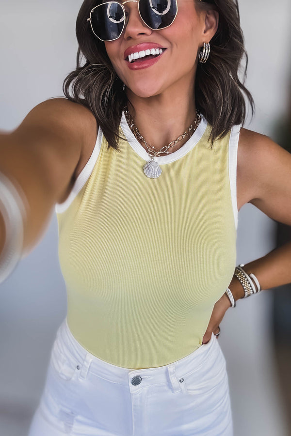 Round Neck Yellow/White Sleeveless Ribbed Color Block Bodysuit