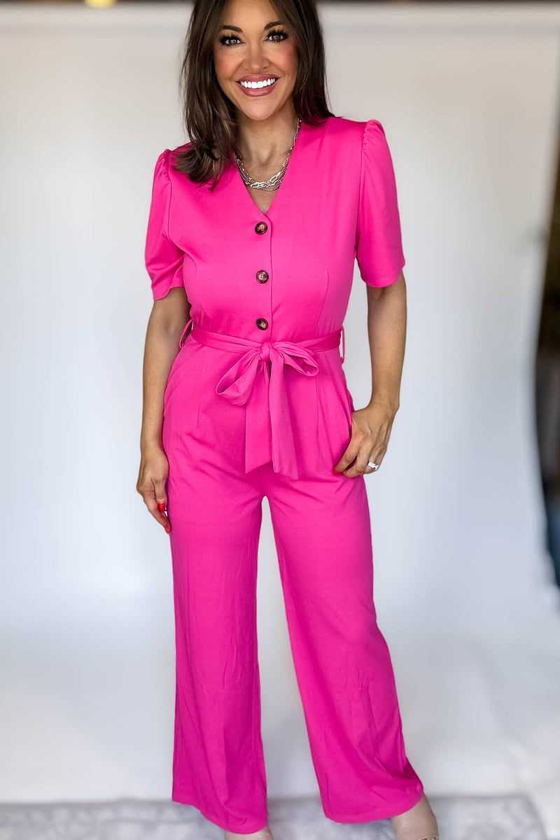 Pink Solid Button Up V Neck Wide Leg Jumpsuit With Tie