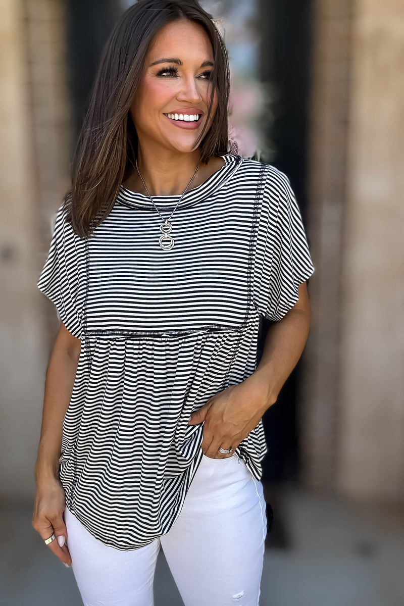 Short Sleeve Stripes Colorblock Tunic Top