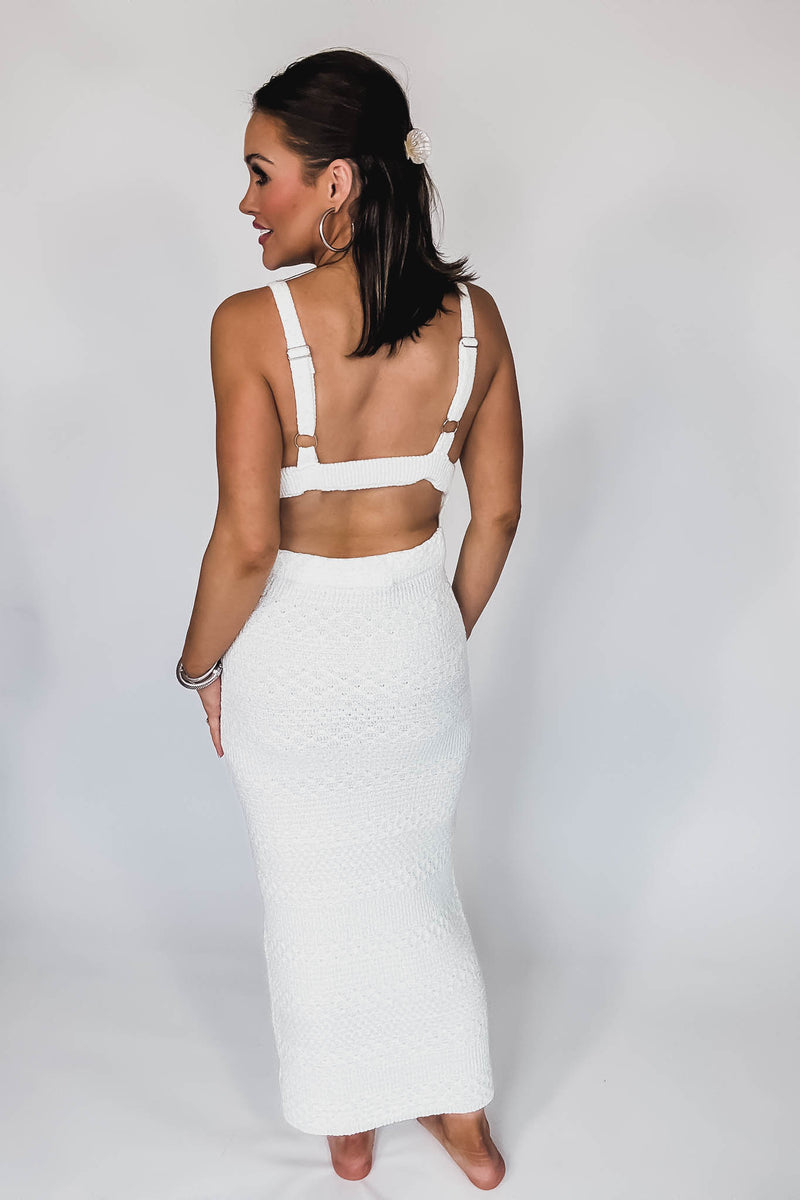 Mable Cream Crochet Cut Out O Ring Detail Knit Dress